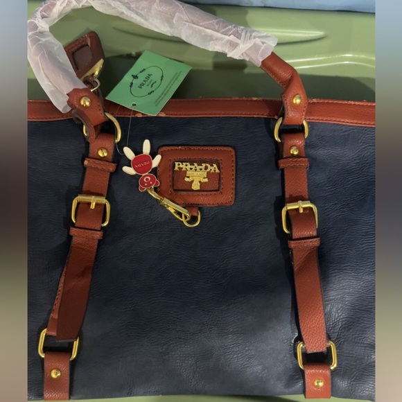 Prada Blue and Brown Leather Handbag - Picture 1 of 4
